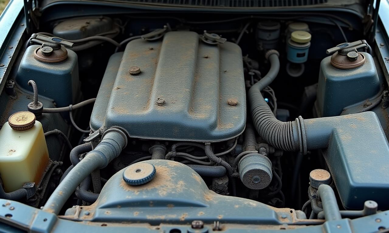 A dusty and grimy car engine bay